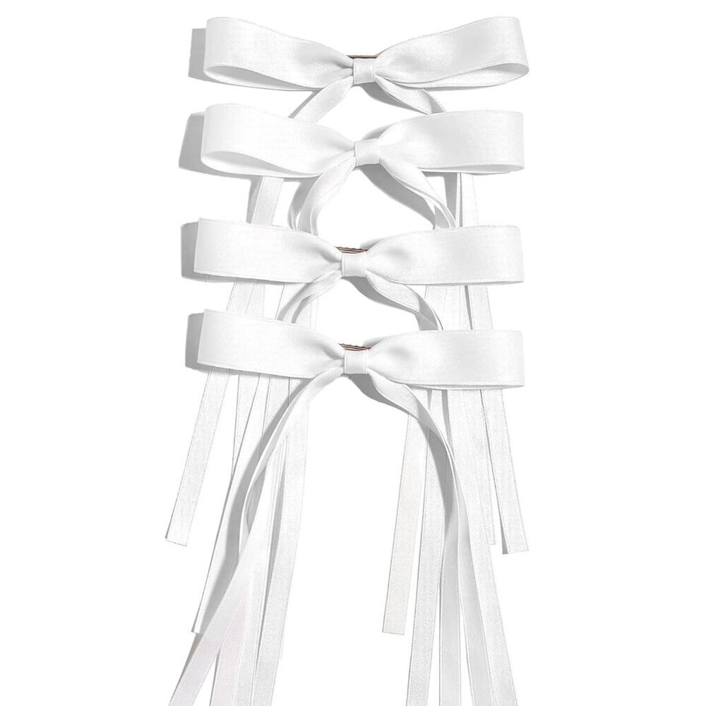 Hair Bows Clips Ribbon Bowknot with Long Tail 4pcs White Hair Bows Barrettes Hai